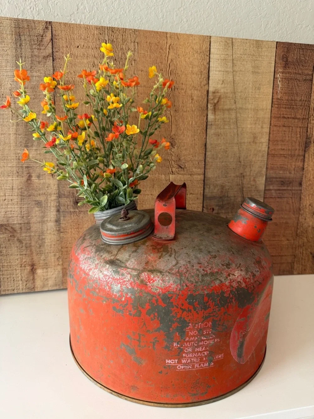 Vintage Rustic Distressed Orange Metal Gas Can with Faux Floral